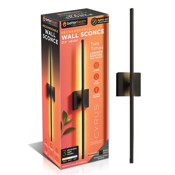 Bell + Howell Cyrus Rechargeable LED Wall Sconce, Wireless Dimmable Battery Wall Light, Modern Lighting for Bedroom Living Room Hallway, 27in USB-C, Black