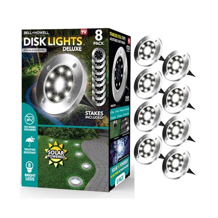 Bell + Howell Disk Lights, Heavy Duty Outdoor Solar Pathway Lights, 8 LED with Included Stakes, Steel Path Lights, 8 Pack