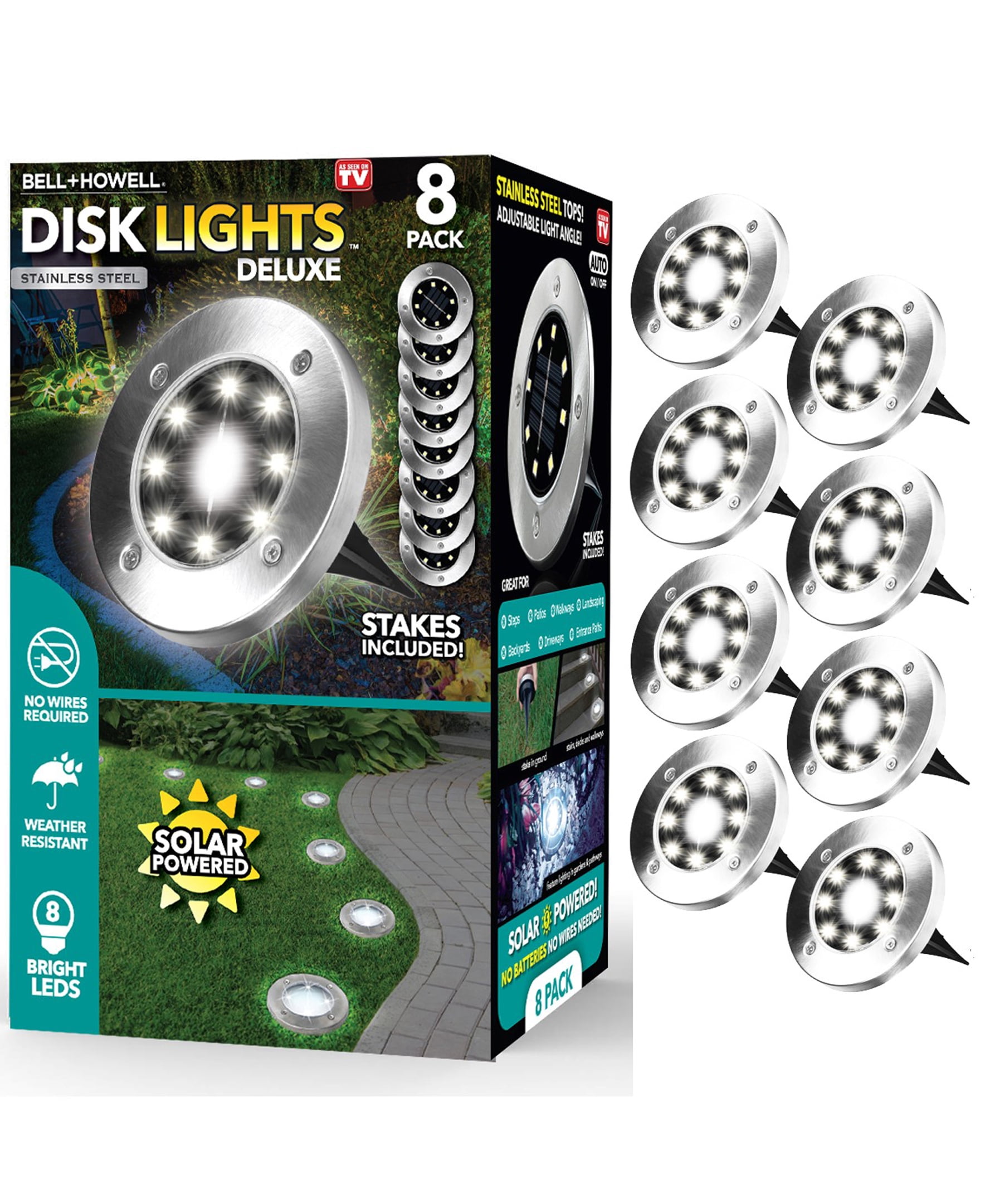 Stainless Steel Solar LED Pathway Disk Lights, Set of 8