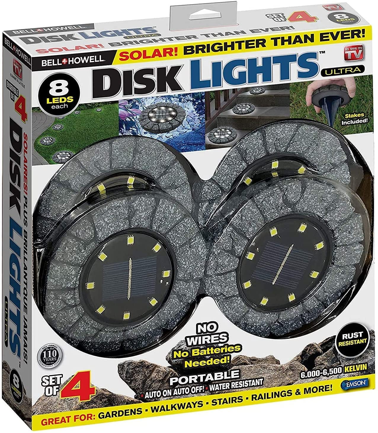 Stone Dark Gray Solar Powered LED Pathway Disk Lights, Set of 4