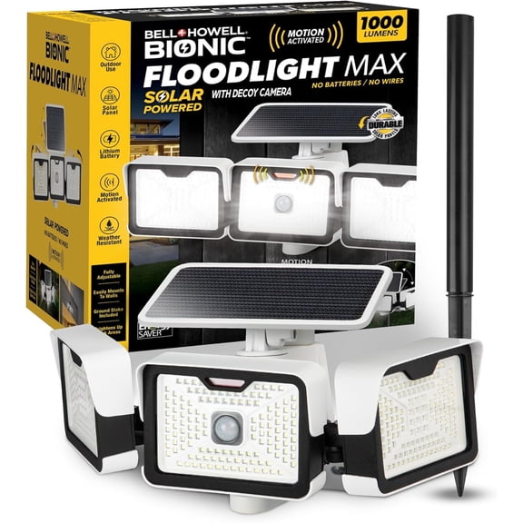 Bell + Howell Floodlight MAX - Solar Lights Outdoor Waterproof, 1000 Lumens Triple Head Motion Detector Sensor Outdoor Lights with Built-in Decoy Camera, Adjustable Wall Light, As Seen On TV