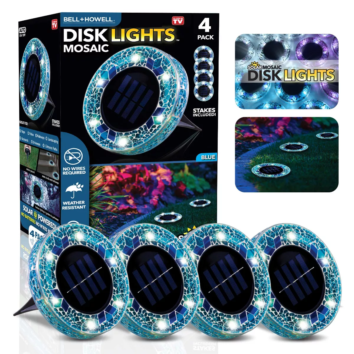 Blue Mosaic Solar Powered LED Disk Lights Set of 4