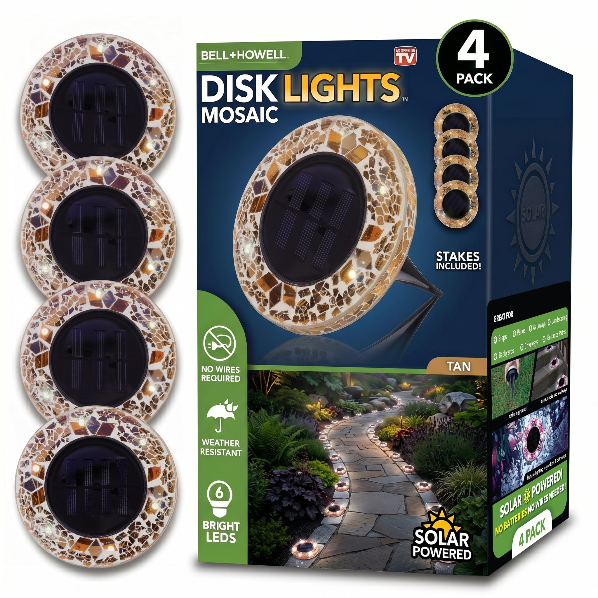 Bell+Howell Solar Outdoor Mosaic Disk Lights, 4 Pack Ultra-Premium Glass Decorative Pathway, Solar Outdoor Waterproof Disk, LED Pathway, Auto On/Off Lights - Tan