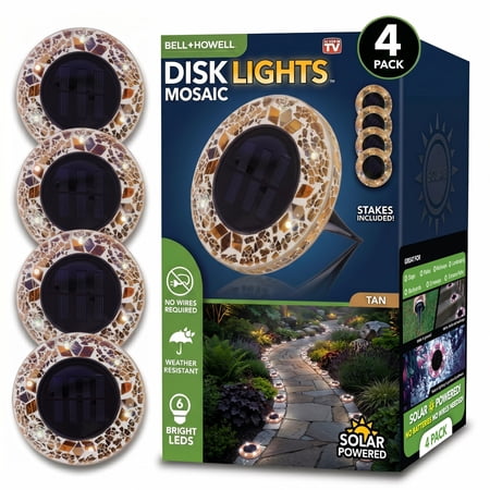 Bell+Howell Solar Outdoor Mosaic Disk Lights, 4 Pack Ultra-Premium Glass Decorative Pathway, Solar Outdoor Waterproof Disk, LED Pathway, Auto On/Off Lights - Tan