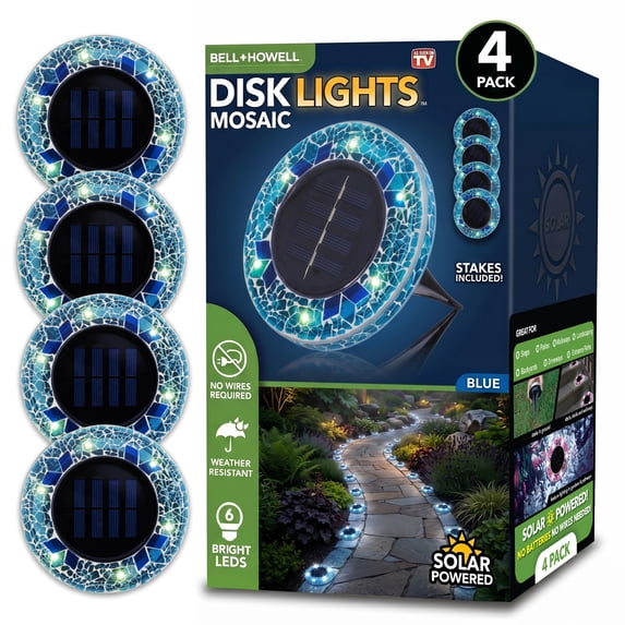 Bell+Howell Solar Outdoor Mosaic Disk Lights, 4 Pack Ultra-Premium Glass Decorative Pathway, Solar Outdoor Waterproof Disk, LED Pathway, Auto On/Off Lights - Blue
