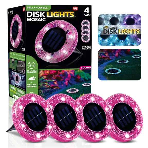 Bell+Howell Solar Outdoor Mosaic Disk Lights, 4 Pack Ultra-Premium Glass Decorative Pathway, Solar Outdoor Waterproof Disk, LED Pathway, Auto On/Off Lights - Radiant Pink