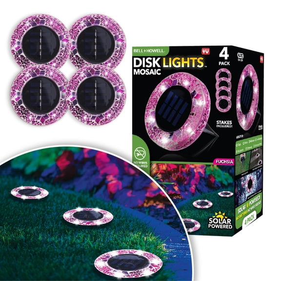 Bell+Howell Solar Outdoor Mosaic Disk Lights, 4 Pack Ultra-Premium Glass Decorative Pathway, Solar Outdoor Waterproof Disk, LED Pathway, Auto On/Off Lights - Radiant Pink