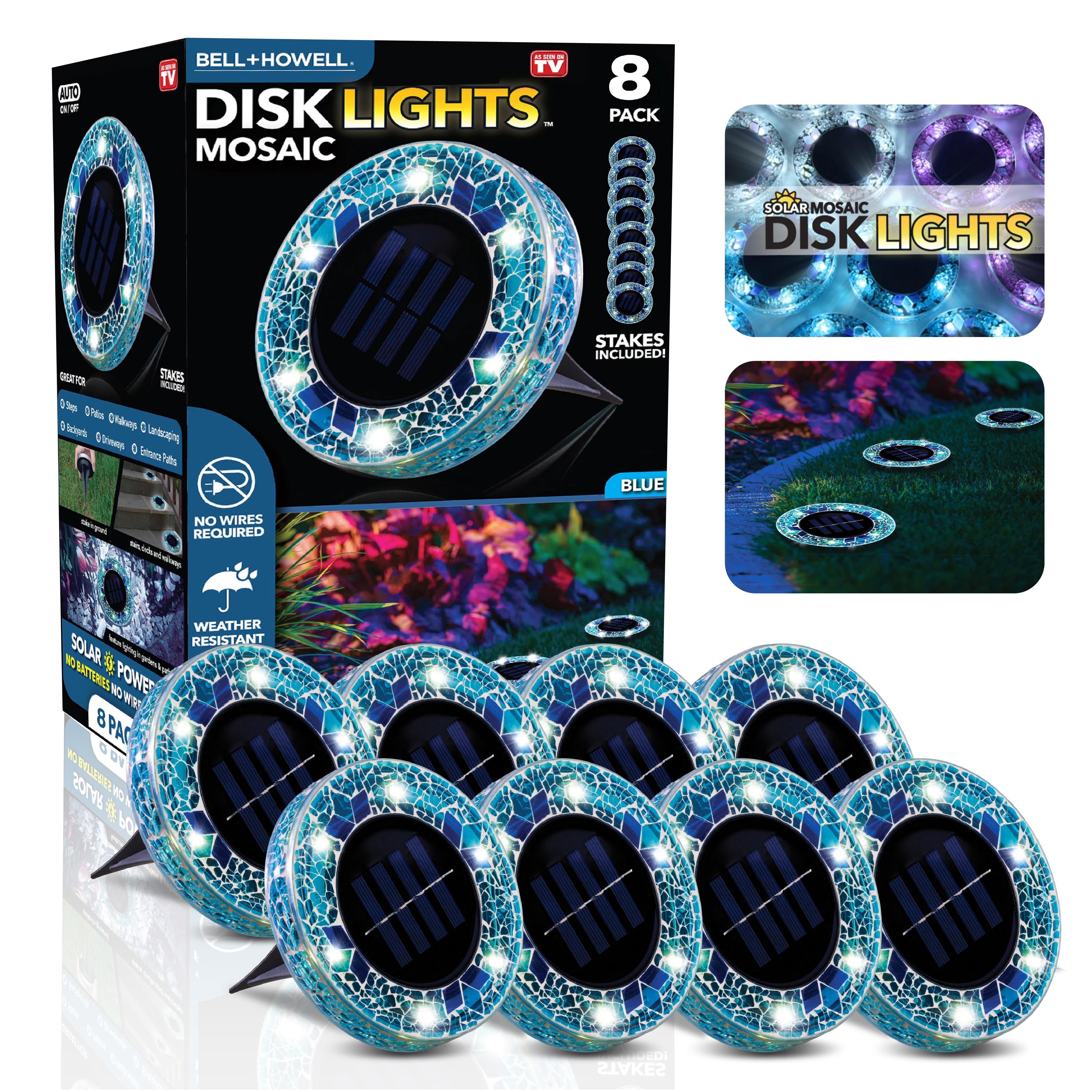 Bell+Howell Solar Outdoor Mosaic Disk Lights, 8 Pack Ultra-Premium Glass Decorative Pathway, Solar Outdoor Waterproof Disk, LED Pathway, Auto On/Off Lights - Blue