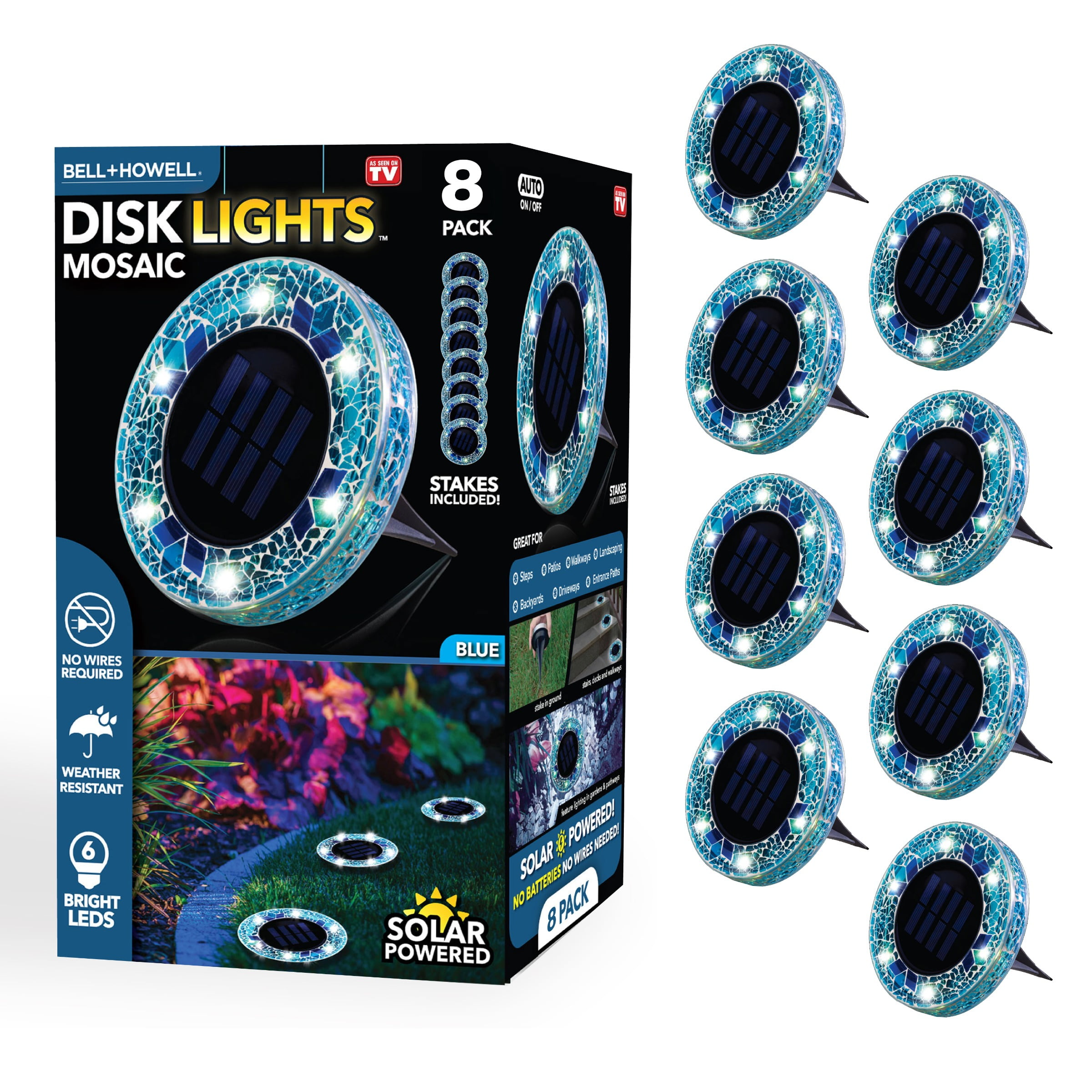 Blue Mosaic Solar Powered LED Pathway Disk Lights, Set of 8