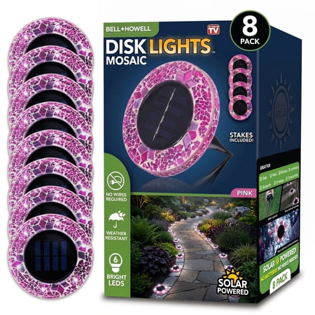 Bell+Howell Solar Outdoor Mosaic Disk Lights, 8 Pack Ultra-Premium Glass Decorative Pathway, Solar Outdoor Waterproof Disk, LED Pathway, Auto On/Off Lights - Radiant Pink