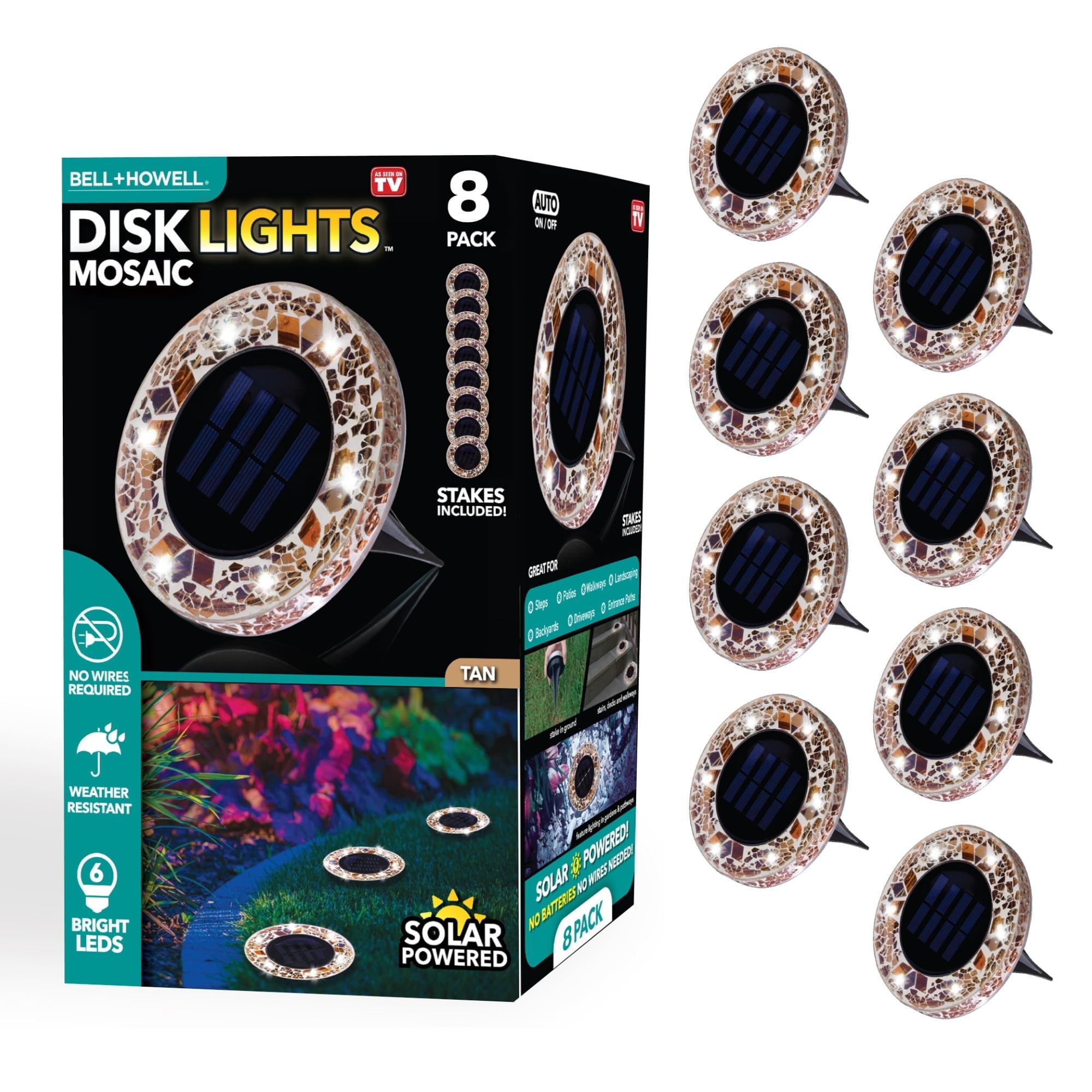 Bell+Howell Solar Outdoor Mosaic Disk Lights, 8 Pack Ultra-Premium Glass Decorative Pathway, Solar Outdoor Waterproof Disk, LED Pathway, Auto On/Off Lights - Tan