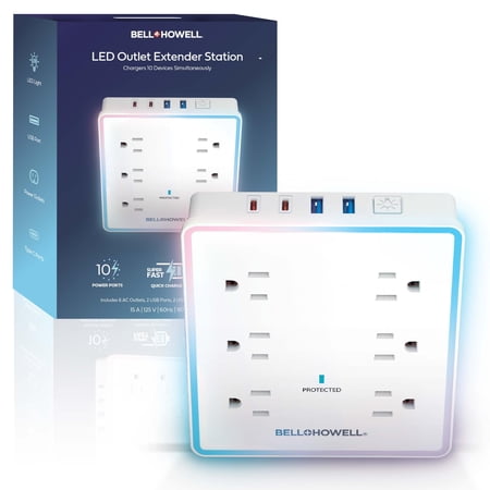 Bell + Howell Power Strips with Surge Protection, Plug Extension Outlet with LED Light, Flat Wall Plug Outlet Extender with 6 AC Outlets, 2 USB Ports, 2 USB-C Ports, Fast Charging