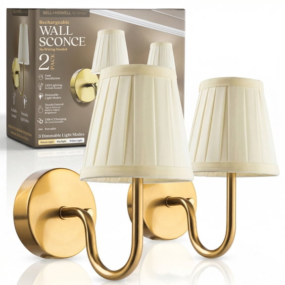Bell+Howell Rechargeable Wall Sconce Set of 2, Box-Pleat Fabric Shade, Gold, Battery Operated with 3 Dimmable Light Modes, No Wiring Needed