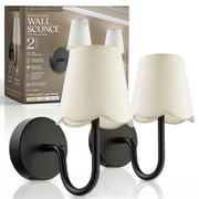 Bell+Howell Rechargeable Wall Sconce Set of 2, Scalloped-Hem Fabric Shade, Black, Battery Operated with 3 Dimmable Light Modes, No Wiring Needed