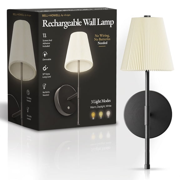 Bell+Howell Rechargeable Wall Sconce, USB-C Rechargeable Wall Sconce with 3 Dimmable Light Modes, Wall Sconce No Wiring Needed, Wireless LED Wall Lights for Bedroom, Living Room,