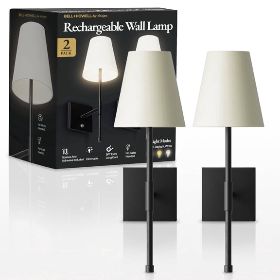 Bell+Howell Rechargeable Wall Sconces 2Pk, USB-C Rechargeable Wall Sconce with 3 Dimmable Light Modes, Black Wall Sconce No Wiring Needed, Wireless LED Wall Lights for Bedroom, Living Room,