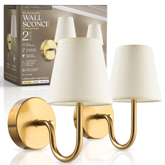 Bell+Howell Rechargeable Wall Sconces Set of 2, Battery Operated Wall Sconce with 3 Dimmable Light Modes, No Wiring Needed, Gold Wall Lights for Bedroom, Living Room, Hallway, Wireless LED Indoor Wal