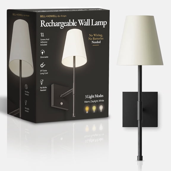 Bell+Howell Rechargeable Wall Sconces, USB-C Rechargeable Wall Sconce with 3 Dimmable Light Modes, Black Wall Sconce No Wiring Needed, Wireless LED Wall Lights for Bedroom, Living Room