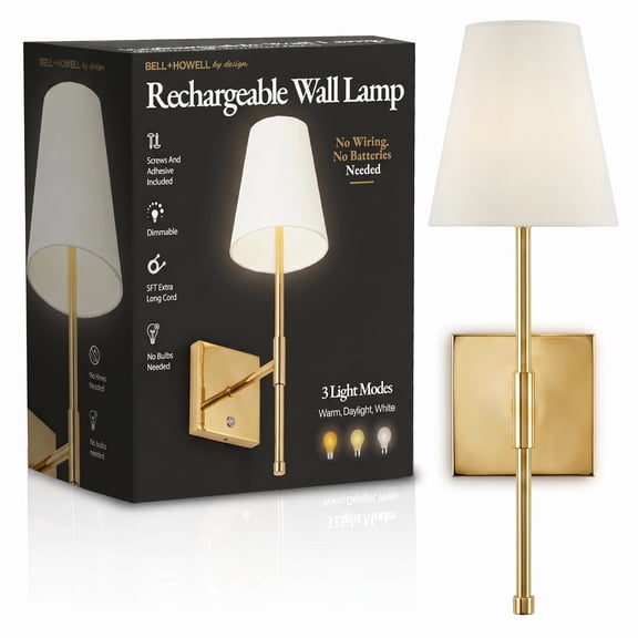 Bell+Howell Rechargeable Wall Sconces, USB-C Rechargeable Wall Sconce with 3 Dimmable Light Modes, Gold Wall Sconce No Wiring Needed, Wireless LED Wall Lights for Bedroom, Living Room,