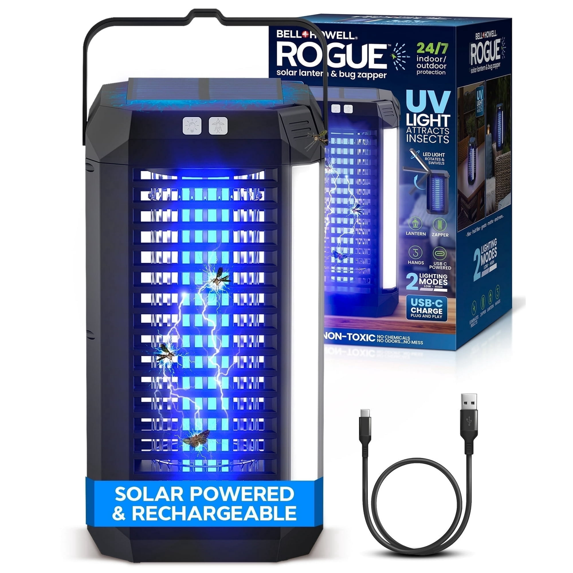 Bell and Howell Rogue Bug Zapper Outdoor and Bug Zapper Indoor Plug in for Mosquito, Fly, USB-C Rechargeable Camping Lantern, LED Flash Light, Safe for Kids and Pets