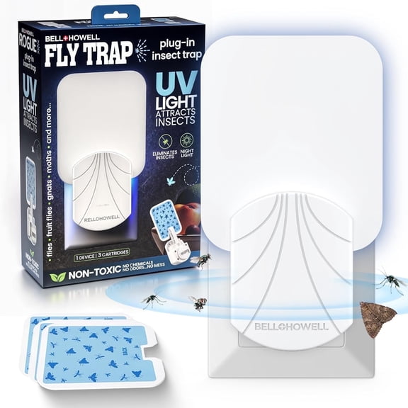Bell + Howell Rogue Fly Insect Trap Indoor with Night Light and 3 Cartridges, Plug in Bug Catcher, Pest Repeller Indoor Bug Light Trap for Flies, Fruit Flies, Gnats and More, Odor Free
