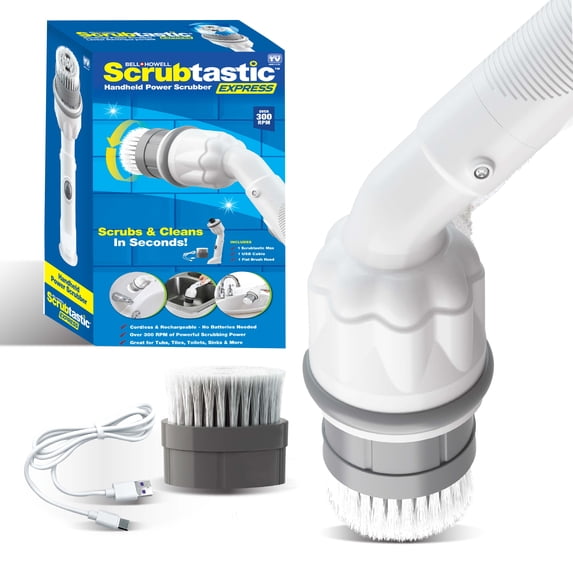 Bell + Howell Scrubtastic Express Handheld Power Scrubber, Cordless Rechargeable Spin Scrubber with Rotating Brush Head, 300+ RPM