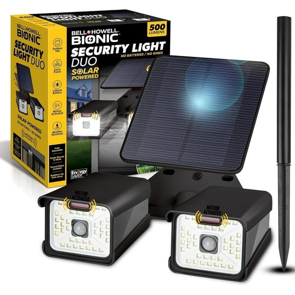 Bell + Howell Security Light Duo Solar Spot Lights Outdoor IP65 Waterproof, Built-In Decoy Camera Design, Wall Mount or Stake in Ground, 500 Lumen Floodlight, LED Lights for Backyard