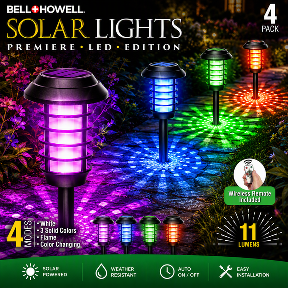 Bell + Howell 4Pk Solar Pathway Lights Color Changing LED Solar Lights Outdoor, IP67 Waterproof Solar Path Lights, Solar Powered Garden Lights for Walkway, Yard, Backyard, Lawn or Landscape