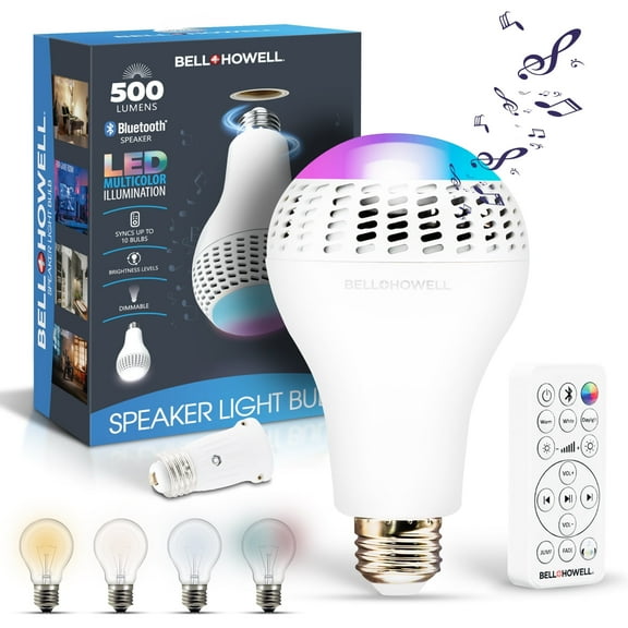Bell + Howell RGB Speaker Light Bulb with Remote, 450 Lumens 3 Brightness Levels, E26 with Socket Extender, Sync up to 10 Bulbs, LED White Light, Color Changing Bulb, Dimmable Bluetooth