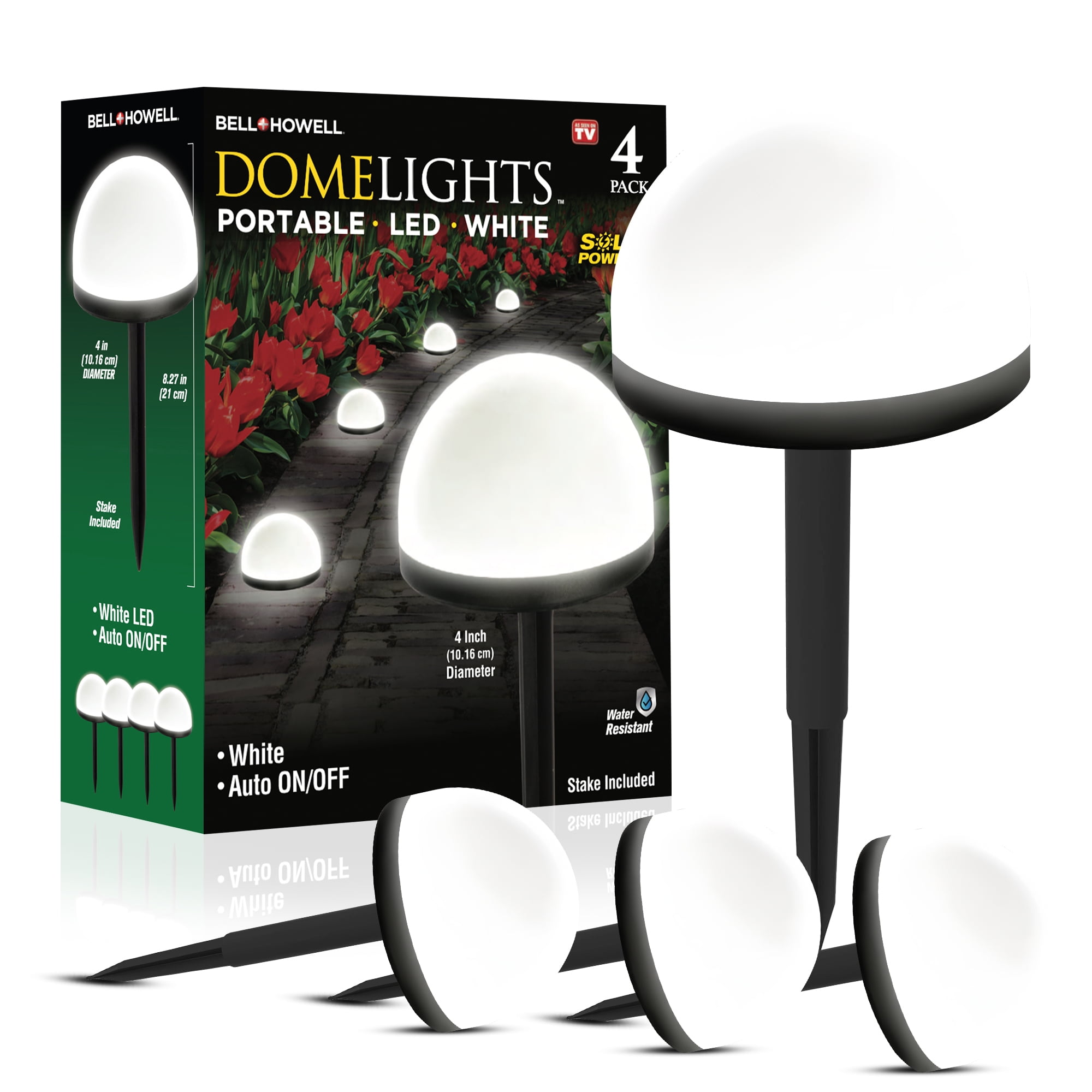 Bell + Howell Solar Powered Dome Pathway Lights with Auto On/Off, Set of 4