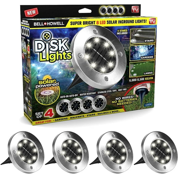 Bell + Howell Solar-Powered Disk Lights - Outdoor Path Lights with 8 LED Bulbs, Brushed Steel - 4PK