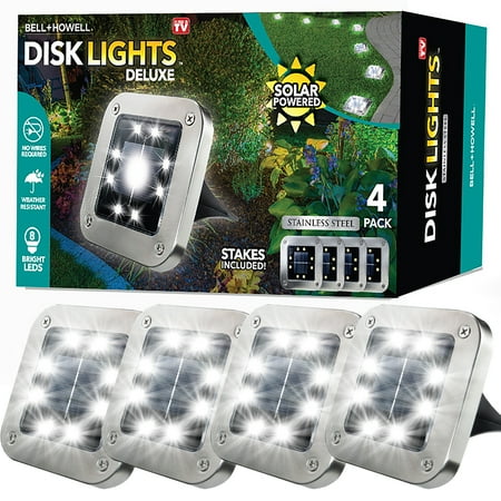 Bell + Howell Solar-Powered Disk Lights - Outdoor Path Lights with 8 LED Bulbs, Stainless Steel Square Design - 4PK