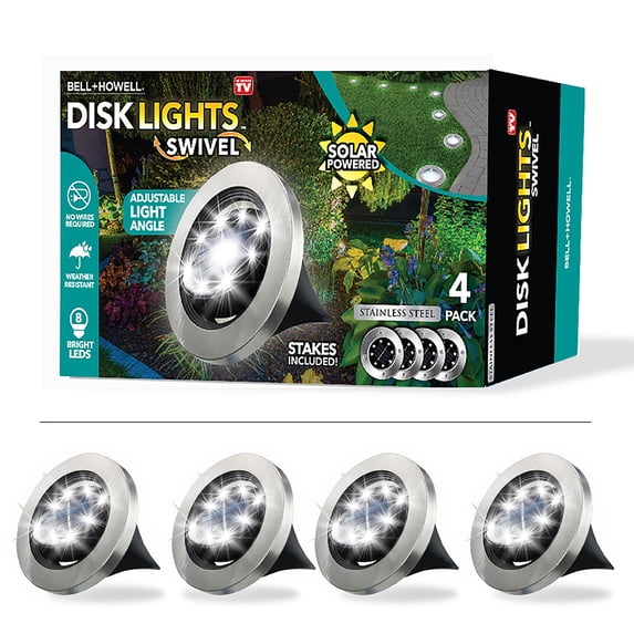 Bell + Howell Solar Powered Swivel Disk Lights, Outdoor Path Lights with 8 LED Bulbs, Stainless Steel 4 Pack