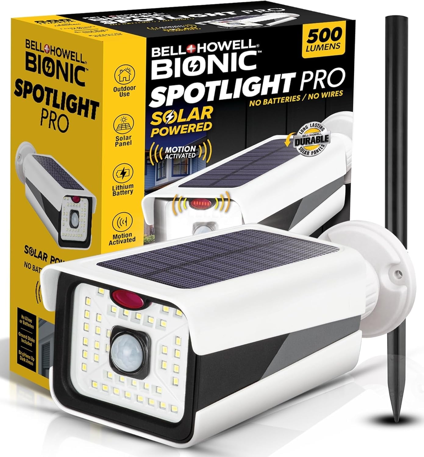 Bell + Howell Bionic Spotlight PRO Solar Spot Lights Outdoor Waterproof Motion Sensor Security Lights w/ Built-in Decoy Camera, AdjustableFlood Lights, Stake/Wall Mount, Premium ETFE Solar Panel