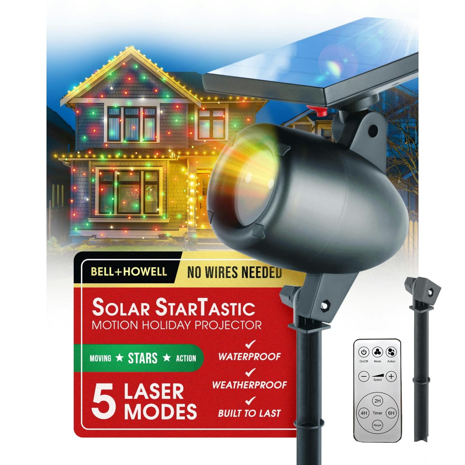 Bell + Howell Startastic Solar Laser Christmas Projector Lights Outdoor, Remote Controlled Solar/USB Rechargeable Holiday Laser Lights Projector W/ Dusk to Dawn Sensor & Timers, Weatherproof