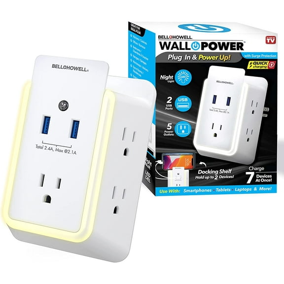 Bell+Howell Surge Protector 5 Outlet Extender with 2 USB Charging Ports Wall Power Wall Charger Plug