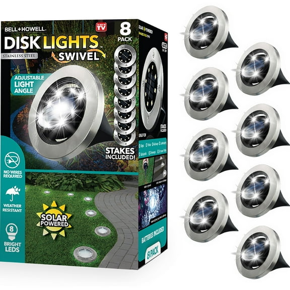 Bell Howell Swivel Disk Lights Deluxe Solar Ground Lights Wireless Auto On/Off Solar Pathway Garden Outdoor Lighting with 8 LED Bulbs for Lawn, Patio, Garden, Yard, Pathways Waterproof, 8 Pack
