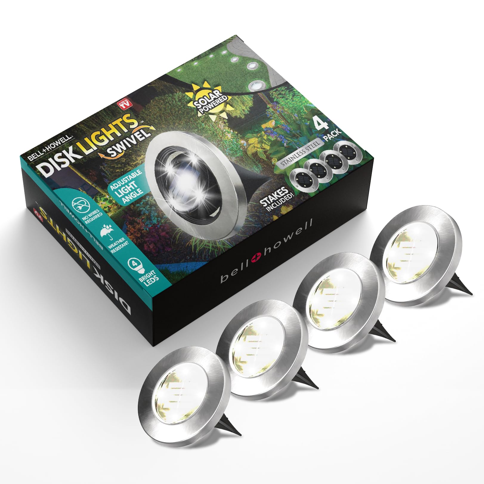 Bell+Howell Swivel Disk Lights Deluxe Set of 4 Inground Solar Lights