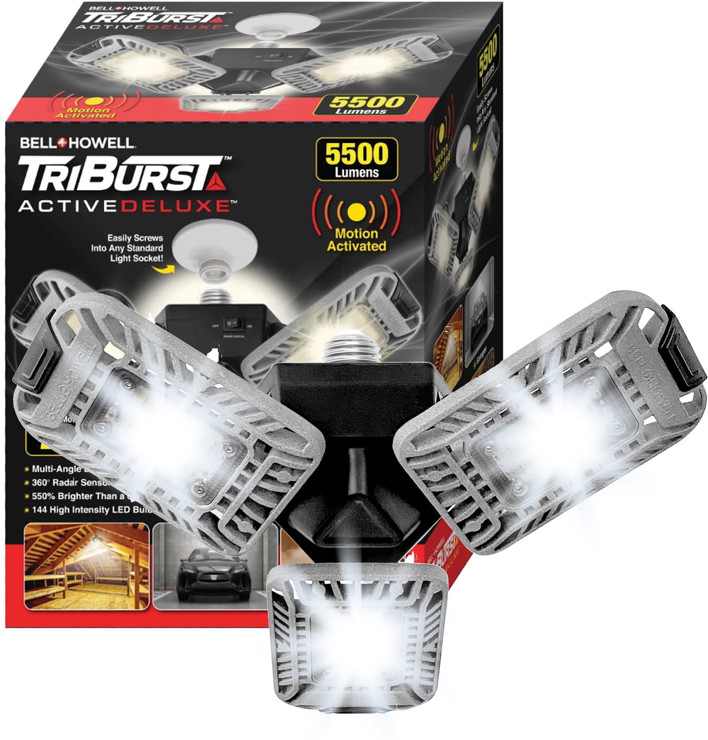 Bell + Howell TriBurst Garage Light 144 LED Bulb 5500 Lumens Ceiling Socket Motion Sensor 4000K 60W