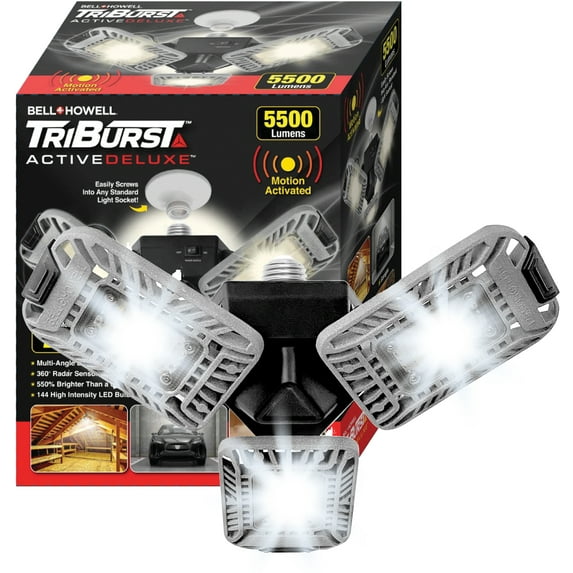Bell + Howell TriBurst Garage Light 144 LED Bulb 5500 Lumens Ceiling Socket Motion Sensor 4000K 60W