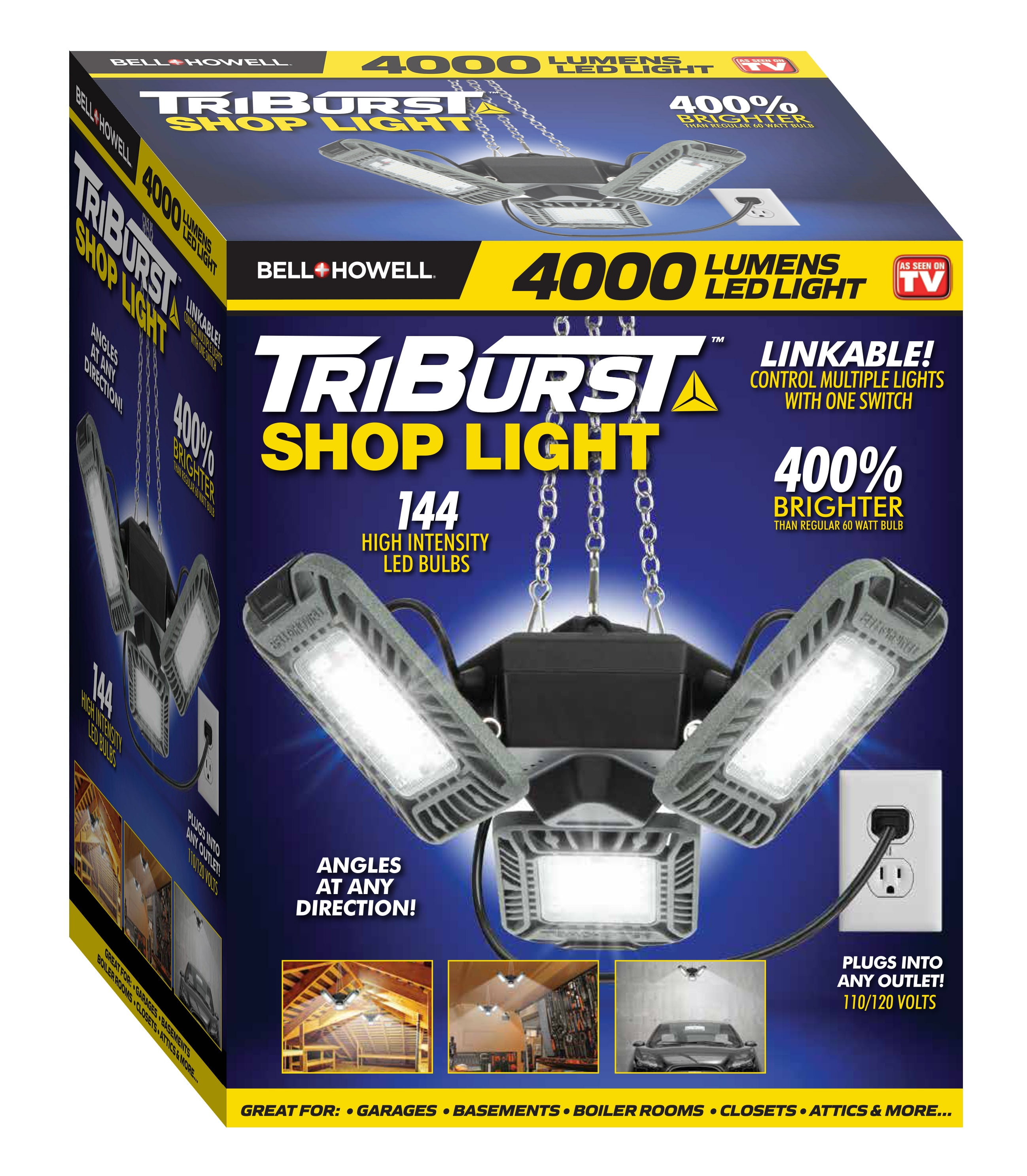 Bell + Howell TriBurst Garage Lights 144 LED Bulb 4000 Lumens Ceiling Deformable Linkable Lights