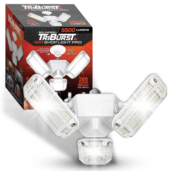 Bell+Howell TriBurst Shop Light Pro 5500 Lumens 360 degrees coverage, 288 Super Bright LEDs, Garage Light Ceiling LED Work Light, Adjustable Triple Panel for Indoor, Bedroom, Fits Standard Sockets