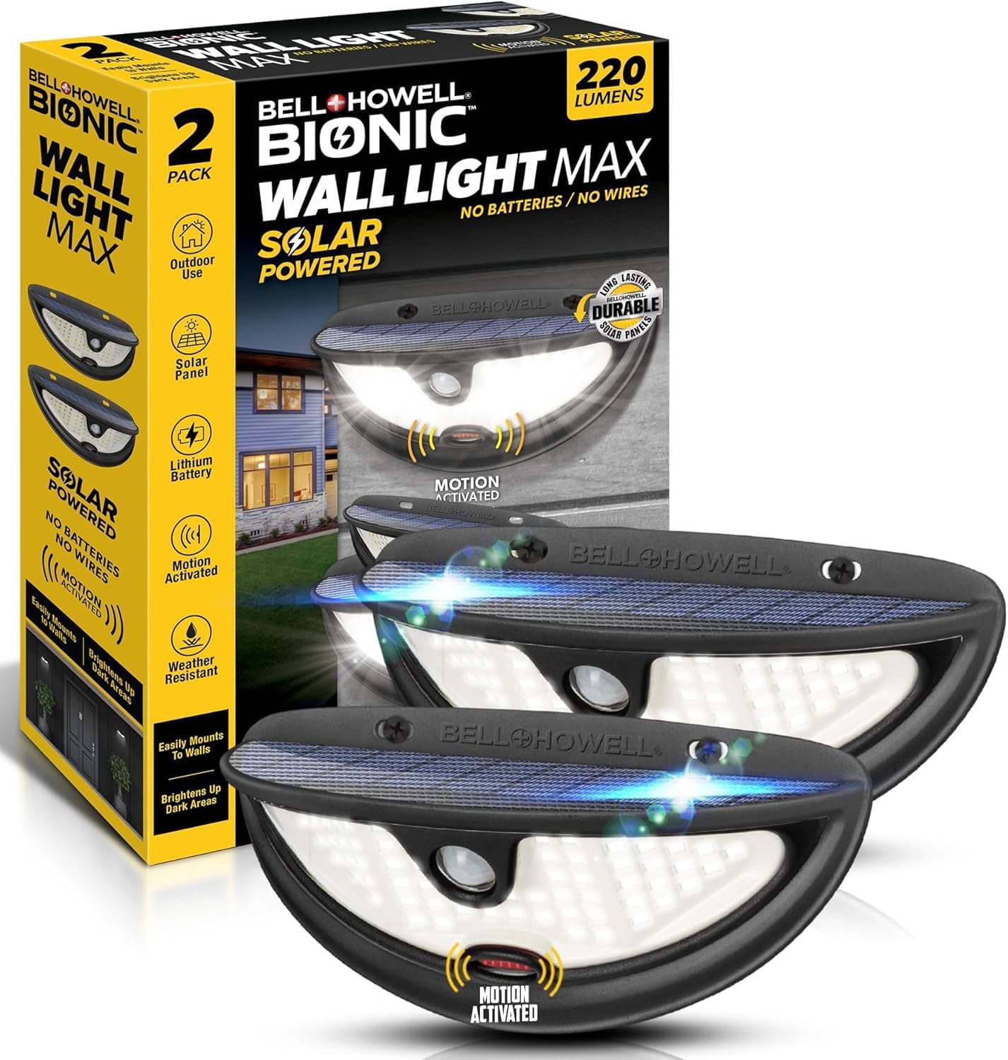 Bell + Howell Wall Light Max - 2 Pk Solar Flood Lights Outdoor with Built-In Decoy Camera, 220 Lumens Motion Sensor Lights, IP65 Waterproof, Automatic Intelligence, Wireless Security Flood Lights