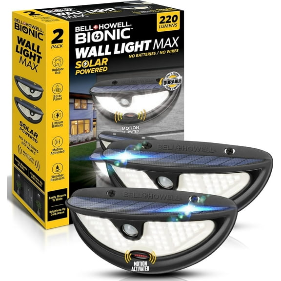 Bell + Howell Wall Light Max - 2 Pk Solar Flood Lights Outdoor with Built-In Decoy Camera, 220 Lumens Motion Sensor Lights, IP65 Waterproof, Automatic Intelligence, Wireless Security Flood Lights