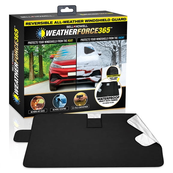 Bell+Howell WeatherForce 365 Windshield Cover Sun Shade, Reversible All-Weather Windshield Protector for Car, Blocks Heat & Snow, 6x10 ft Heavy-Duty Fabric, Anti-Theft Magnetic Straps, As Seen On TV