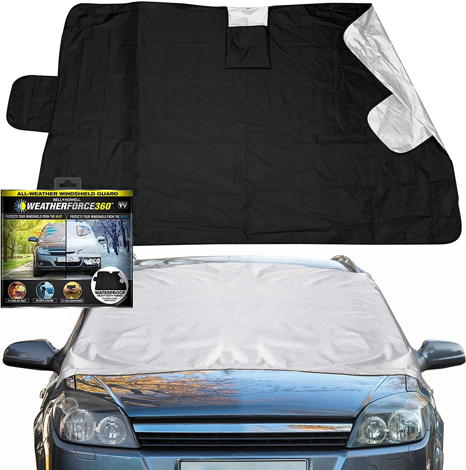 BELL AND HOWELL WEATHERFORCE 360 by Bell+Howell All-Weather, Heavy-Duty and Reversible Windshield Protector 6 feet by 10 feet Fabric for Any Car Protects from Heat and Snow Comes with Anti-Theft Panels As Seen On TV