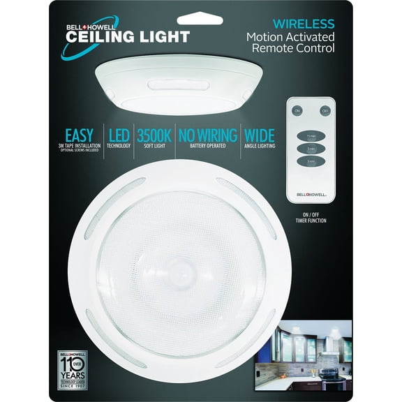 Bell + Howell Wireless Ceiling Light Fixture - LED, 300 Lumens, 3500K, Remote, Motion Indoor & Outdoor Use, NEC-Compliant