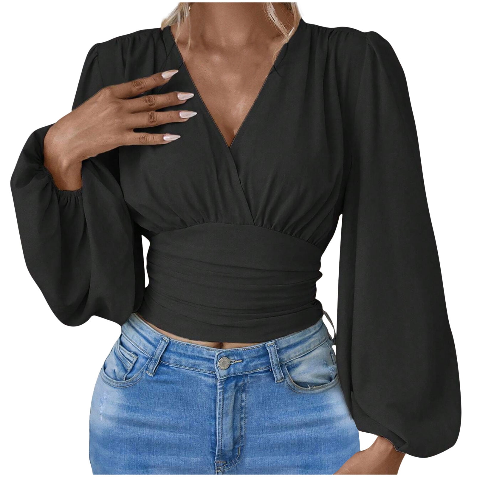 Bell Long Sleeve Tops for Women Sexy Deep V Neck Fitted T Shirts Dressy Solid Tight Basic Tee Y2K Party Wear Walmart