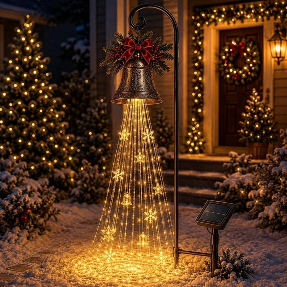 Bell Magic Fountain - Flowing Snowflake LED Christmas Garden Lights A bell magic fountain with a star, solar power supply and outdoor garden stand, suitable for Christmas garden decoration
