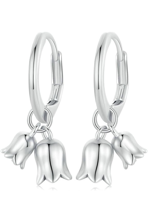 Bell Orchid Flower Dangle Drop Hoop S925 Sterling Silver Earrings for Women Charm Small Tiny Huggie Dangling Wedding Earring Studs Hoops Mothers Day Christmas Jewelry Cute Gifts